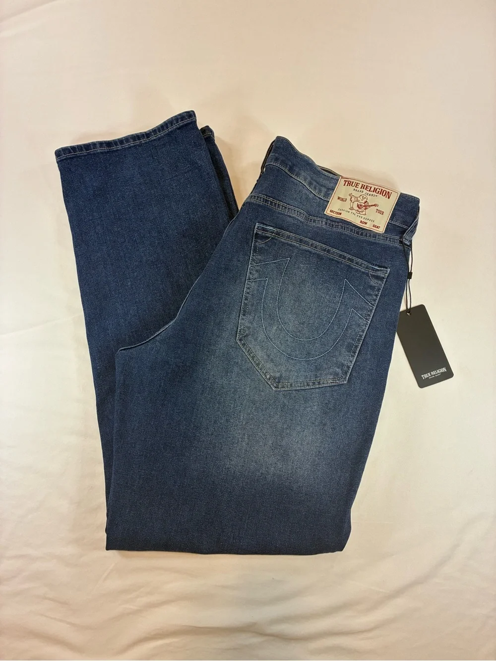 True Religion Men's Dark Blue Denim Jeans with Blue Logo Patches